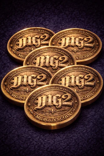 6 MG2GuysCoins · sechs Goldmünzen mit MG2-Prägung